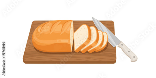 Sliced bread loaf on wooden cutting board, knife. Fresh bakery. Breakfast food preparation process. Cooking, preparing snack, eating. Flat vector illustration isolated on white background