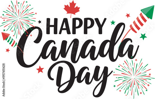 Vibrant happy canada day celebrations with fireworks and maple leaf on white background