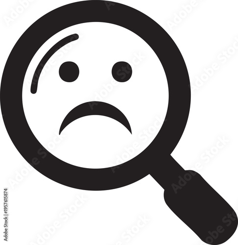 Sad face magnifying glass icon for search or investigation