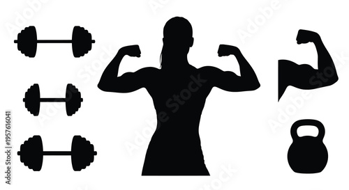 Fitness woman lifting weights and showing muscles a dark silhouette