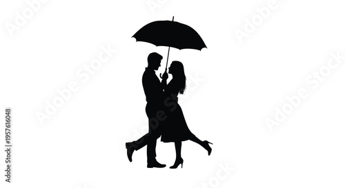 Couple embracing in the rain under an umbrella a black silhouette