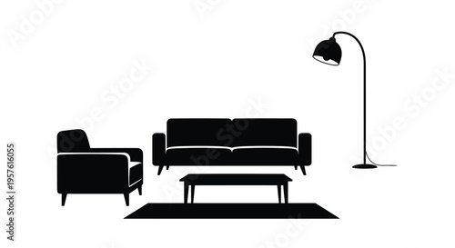 Minimalist living room furniture arrangement in a stark black silhouette