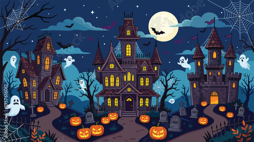 Spooky haunted houses with ghosts and pumpkins at night