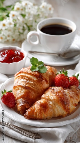 Fresh Croissants with Strawberry Jam and Coffee – Classic French Breakfast