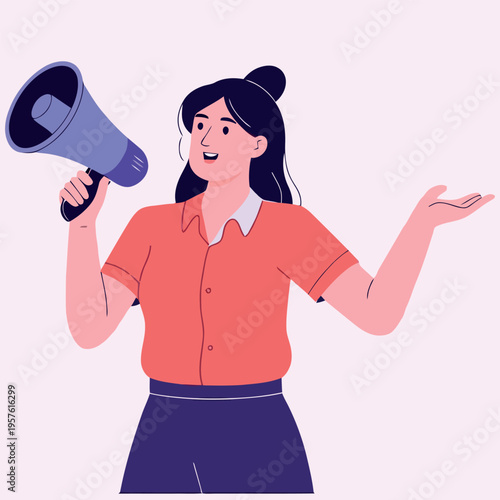 Woman with a megaphone cheerfully communicating gesturing with open hands