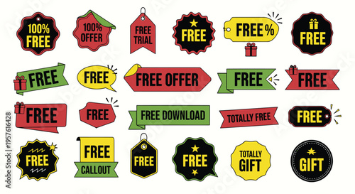 Collection of colorful free offer badges and discount labels