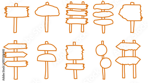 Hand-drawn orange outline vector illustration of a collection of rustic wooden signs, direction indicators, and guideposts against a transparent background