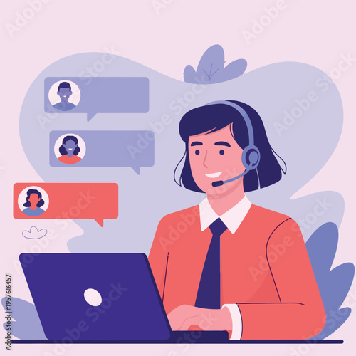 Woman wearing headset working on laptop with video conferencing participants