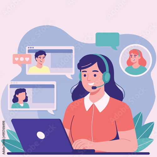 Remote support team connecting with customers through video conferencing and technology