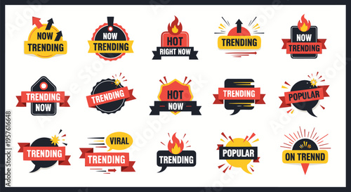 Set of trending now and popular viral marketing labels