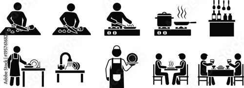 Cooking and dining silhouettes, meal preparation, chopping vegetables, stove cooking, dishwashing, eating together, restaurant scene, culinary teamwork, food process illustration