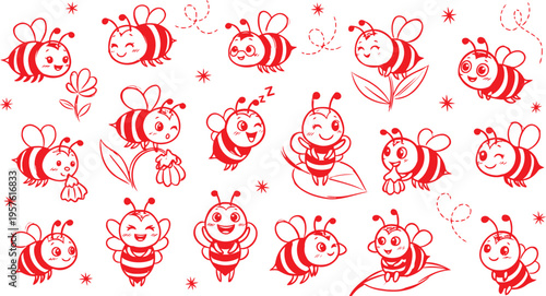 Cute bumblebee character sketches in red pencil style