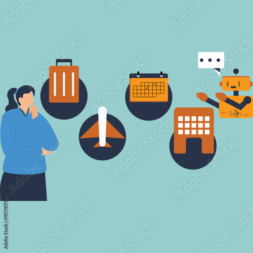 "A woman sharing her goals, an AI executing tasks, and an autonomous AI agent arranging business travel."