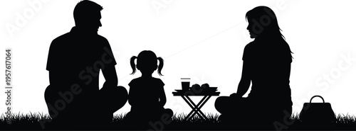 Family picnic silhouettes with parents and child, outdoor dining, food and drinks, togetherness, leisure activity, summer gathering scene