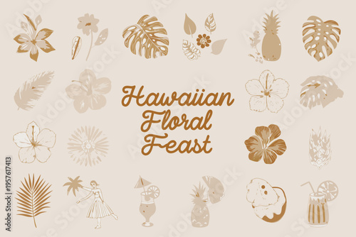 Hawaiian floral arrangement with tropical leaves fruit and drink illustrations