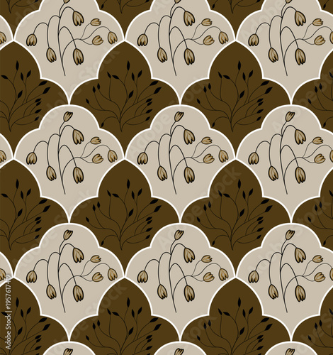 Seamless vector elegant Mediterranean tile pattern with dark brown branches and delicate floral motifs in a warm mocha and sand beige ogee lattice.