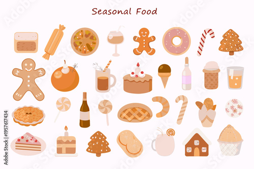 A colorful assortment of seasonal desserts and sweet treats displayed flatly