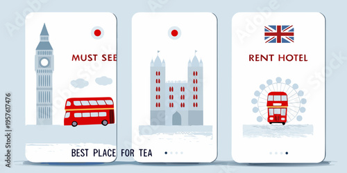 London themed smartphone mockups showcasing landmarks and travel options