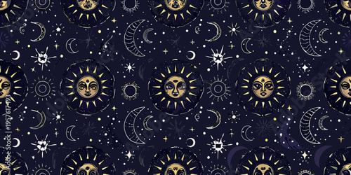 Celestial pattern featuring sun and moon faces with stars and crescents