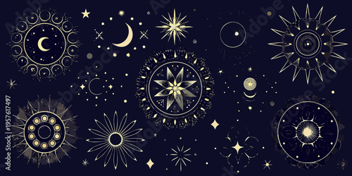 Celestial symbols and astral shapes on a dark navy blue background