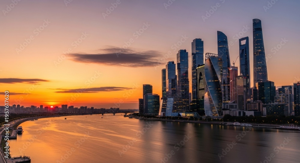 Fototapeta premium City skyline at golden hour (smooth slow reveal) 