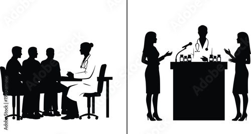 Medical consultation teamwork meeting with doctor silhouette, healthcare professionals discussion, press conference with reporters, public health communication announcement scene