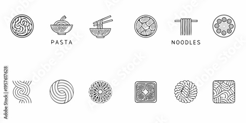 Various types of pasta and noodles illustrated in a simple line drawing style