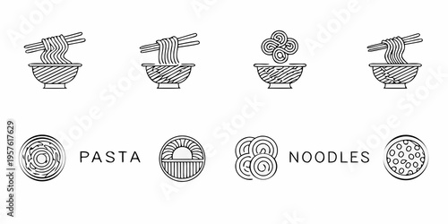 Minimalist line art depicting bowls of noodles and related pasta emblems