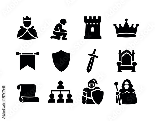 Feudalism Icon Set. Solid vector icons of team feudalism: lord figure, vassal, castle tower, crown, banner, shield, sword, throne,