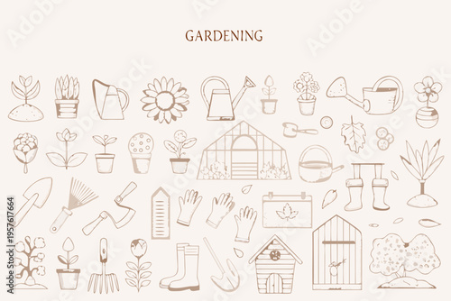 A collection of hand drawn gardening tools and plants on a beige background