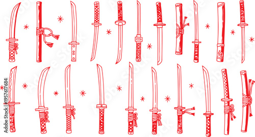 Hand drawn set of japanese katana swords and samurai weapons