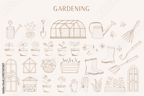 Gardening tools and plants a hand drawn collection for growing enthusiasts