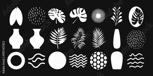 Minimalist botanical illustration featuring tropical leaves vases and abstract shapes