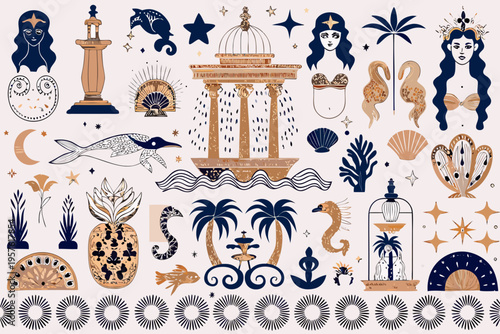 Bohemian celestial illustration featuring architectural elements and marine life