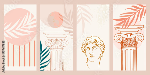 Abstract composition featuring classical elements and botanical illustrations