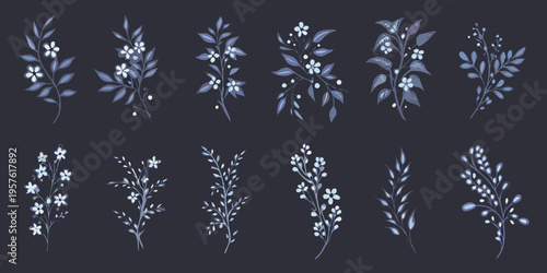 Delicate floral arrangements in shades of blue and gray on a dark background