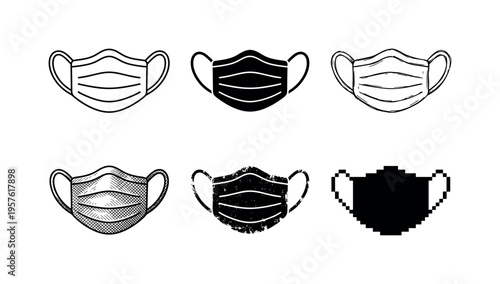Collection of six different styles of medical face masks in black and white icons