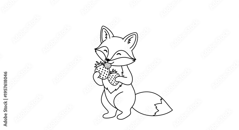 Fototapeta premium A cute cartoon fox holds strawberries in forest.