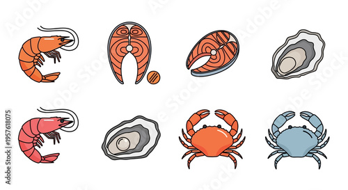 Seafood illustrations include shrimp and crab on white background with oysters