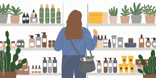 Woman shopping for beauty and personal care products in a store aisle