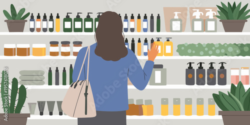 Woman shopping for toiletries and beauty products in a store