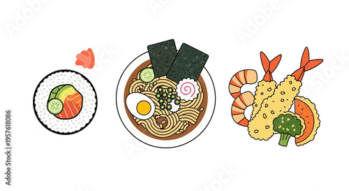 Delicious Japanese food with sushi ramen tempura
