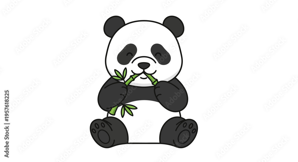 Naklejka premium A cute panda bear eating bamboo shoots sitting on ground in natural environment.
