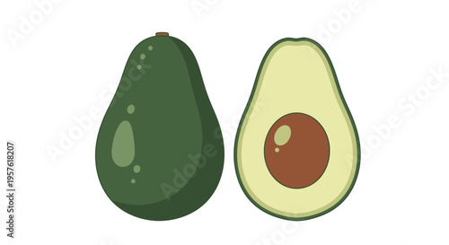 An illustration shows a whole and halved avocado on a white background.