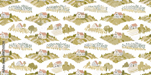 Εκτύπωση καμβά A repeating pattern of quaint houses nestled among rolling hills and trees