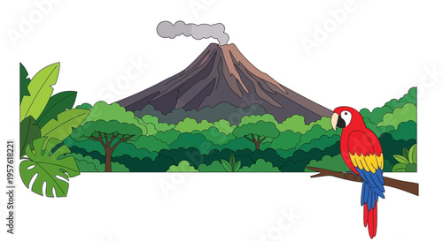 A vibrant red parrot perches on a branch overlooking a lush forest and an erupting volcano.