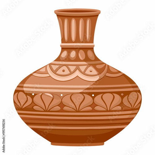 An ornate reddish brown ceramic vase with decorative bands and patterns