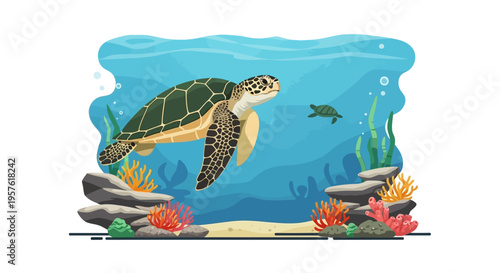 A sea turtle swims near coral and rocks underwater with another turtle.