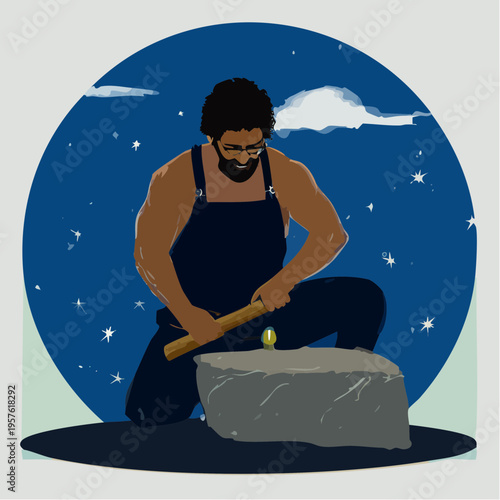 Ouvrier tailleur de pierre travaillant un bloc de roche avec marteau en extérieur