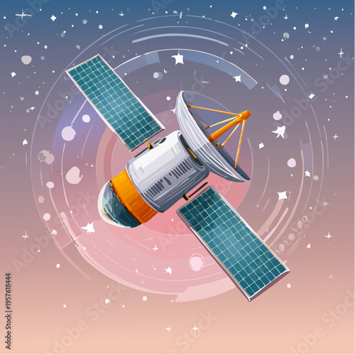 Satellite en orbite dans espace coloré avec panneaux solaires